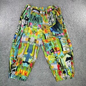 Shana Abstract Art To Wear Crinkle Cropped Pants Multicolor Elastic Waist Large